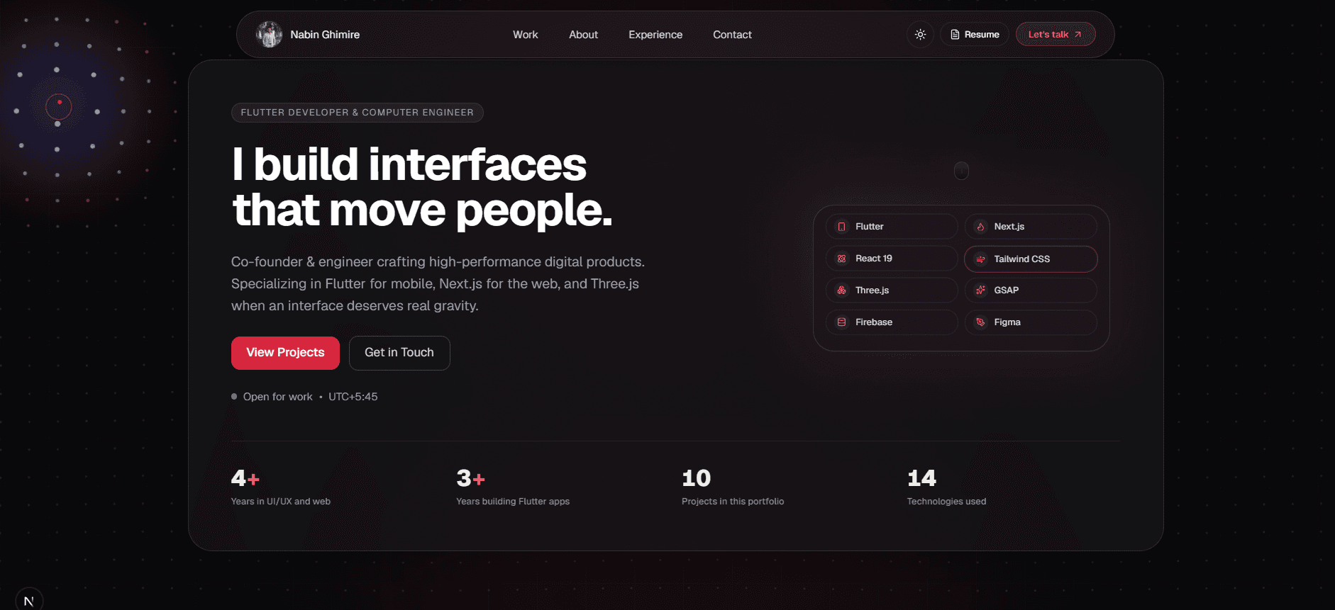 Landing page of the one-day vibe-coded portfolio, showing the hero headline, intro copy and tech stack pills