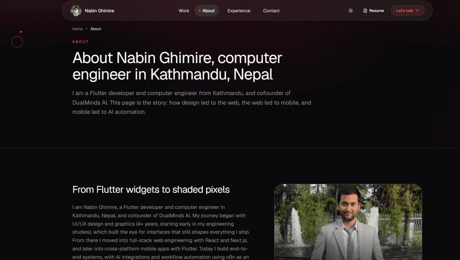 About section of the vibe-coded portfolio with the portrait, bio and contact buttons