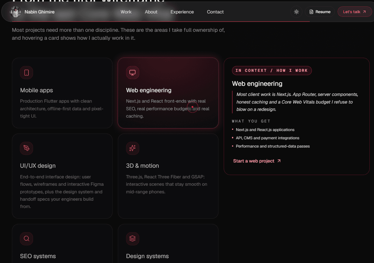 Skills section of the vibe-coded portfolio with grouped skill cards